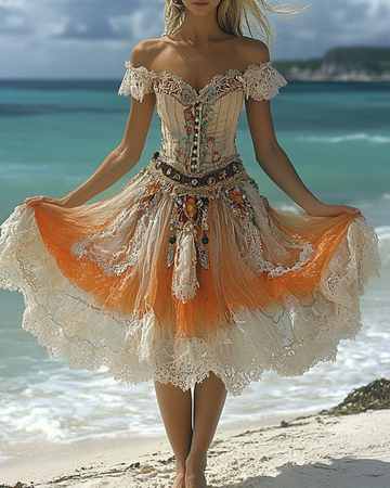 Vestido Gradiente com Renda e Miçangas para Férias de Verão f82f