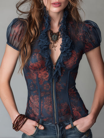 Blusa Vintage de Malha Estampada com Babados