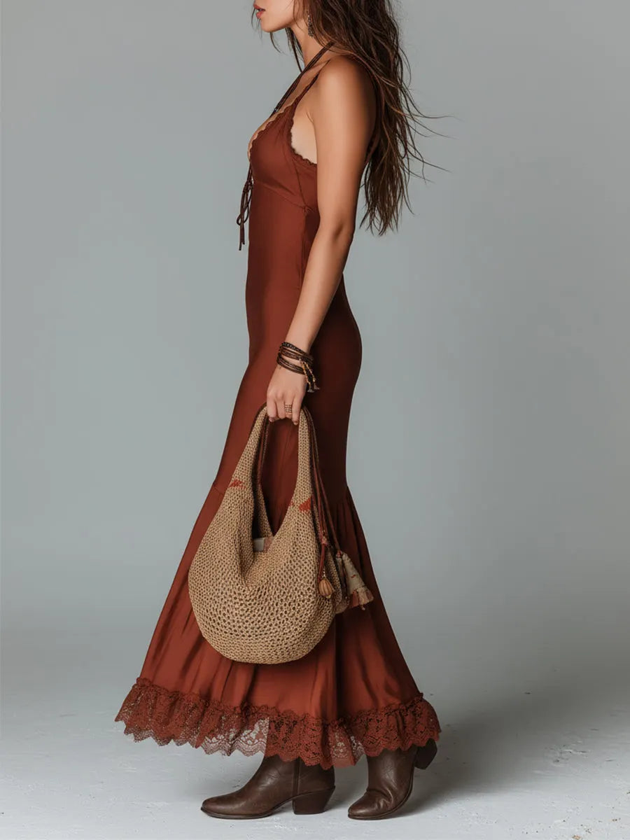 Abito lungo Tencel slim-fit Boho con bordo in pizzo