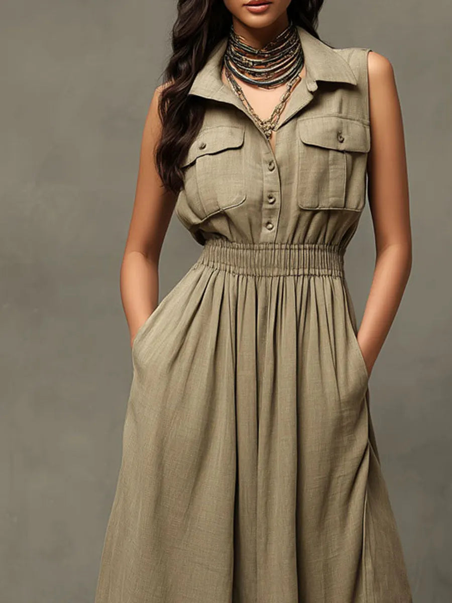 Boho Sleeveless Shirred Utility Maxi Dress With Pockets