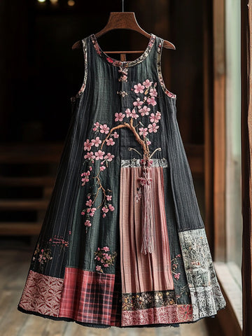 Vestido Regata de Linho Artístico com Patchwork e Bordado de Cerejeira para Mulheres 815d