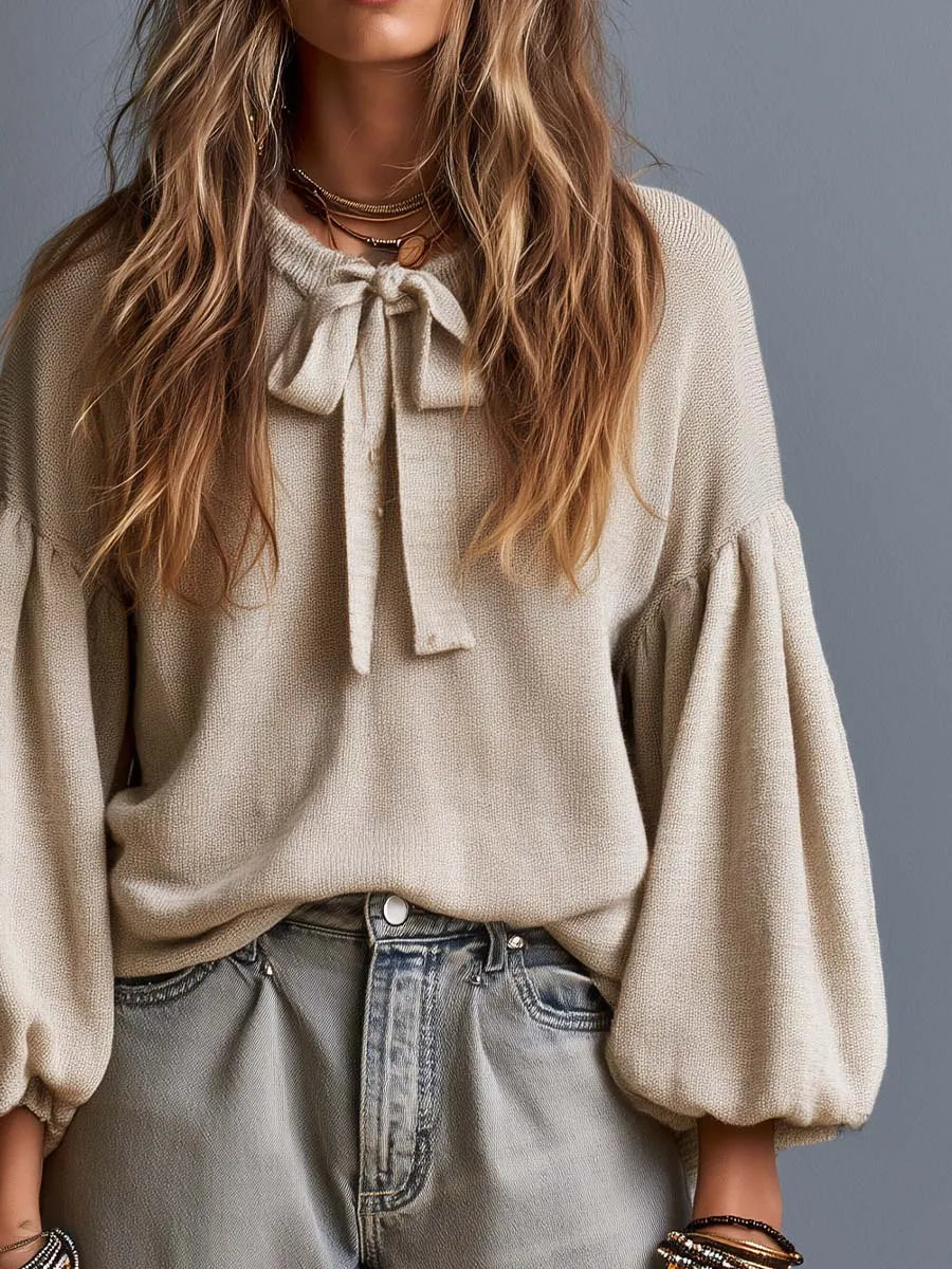 Pull en maille bohème à col noué et manches ballon