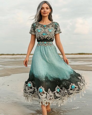 Vestido de Linho Bege com Contas Turquesa para Férias de Verão à Beira-Mar e9ab
