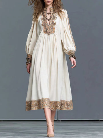 Abito midi Boho con scollo a V e maniche a sbuffo