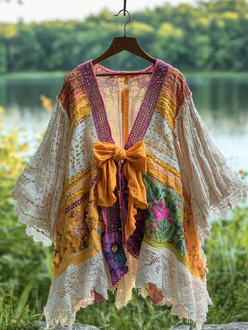 Kimono estivo con balze in pizzo e colori a contrasto 4a37