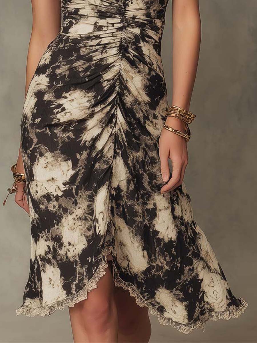 Vintage Tie-Dye Print Ruched Midi Dress With Lace Hem