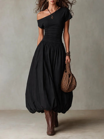 Vestido longo estilo vintage de um ombro só com barra balonê