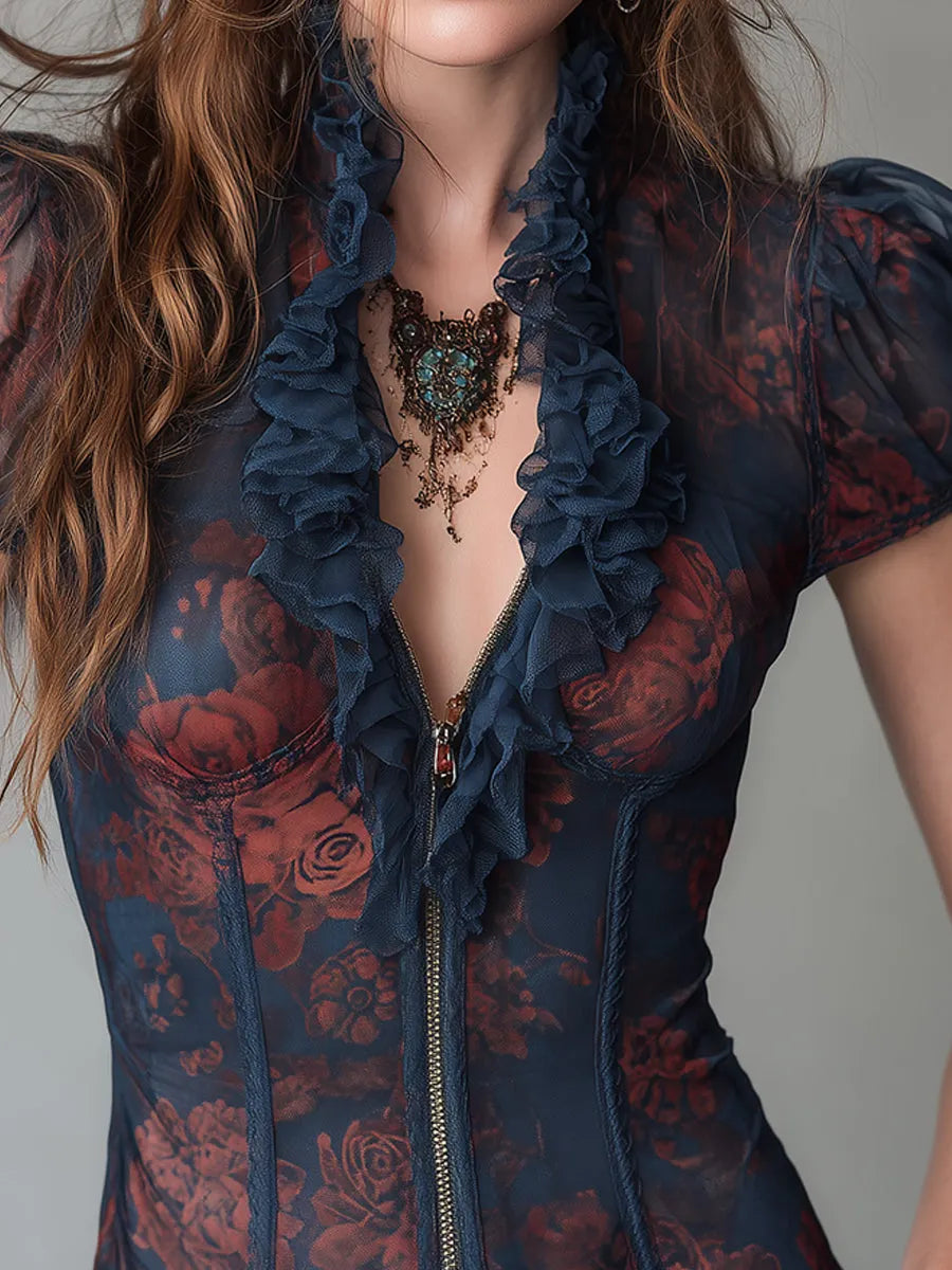 Camicetta Vintage Stampa Rete con Bordo Arricciato