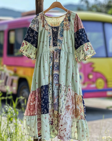 Vestido de algodão e linho com patchwork folgado para as férias de verão 0649