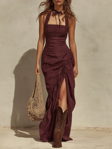 Vestido longo halter boho com fenda na barra