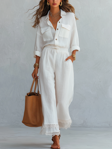 Conjunto Elegante de Camisa e Calça Wide Leg com Renda