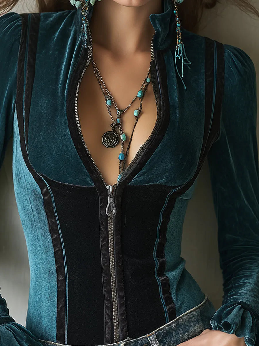 Elegant Color-block Velvet Blouse With Tapered Cuffs