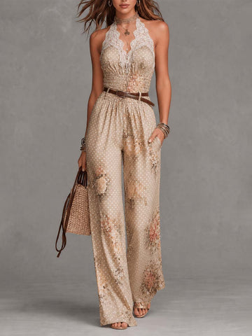 Macacão Pantacourt Floral Poá Halter de Renda Champagne