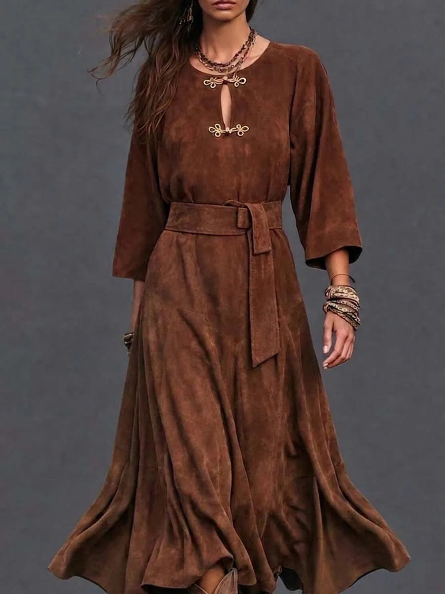 Robe longue bohème marron à ceinture et fermeture éclair sur le devant