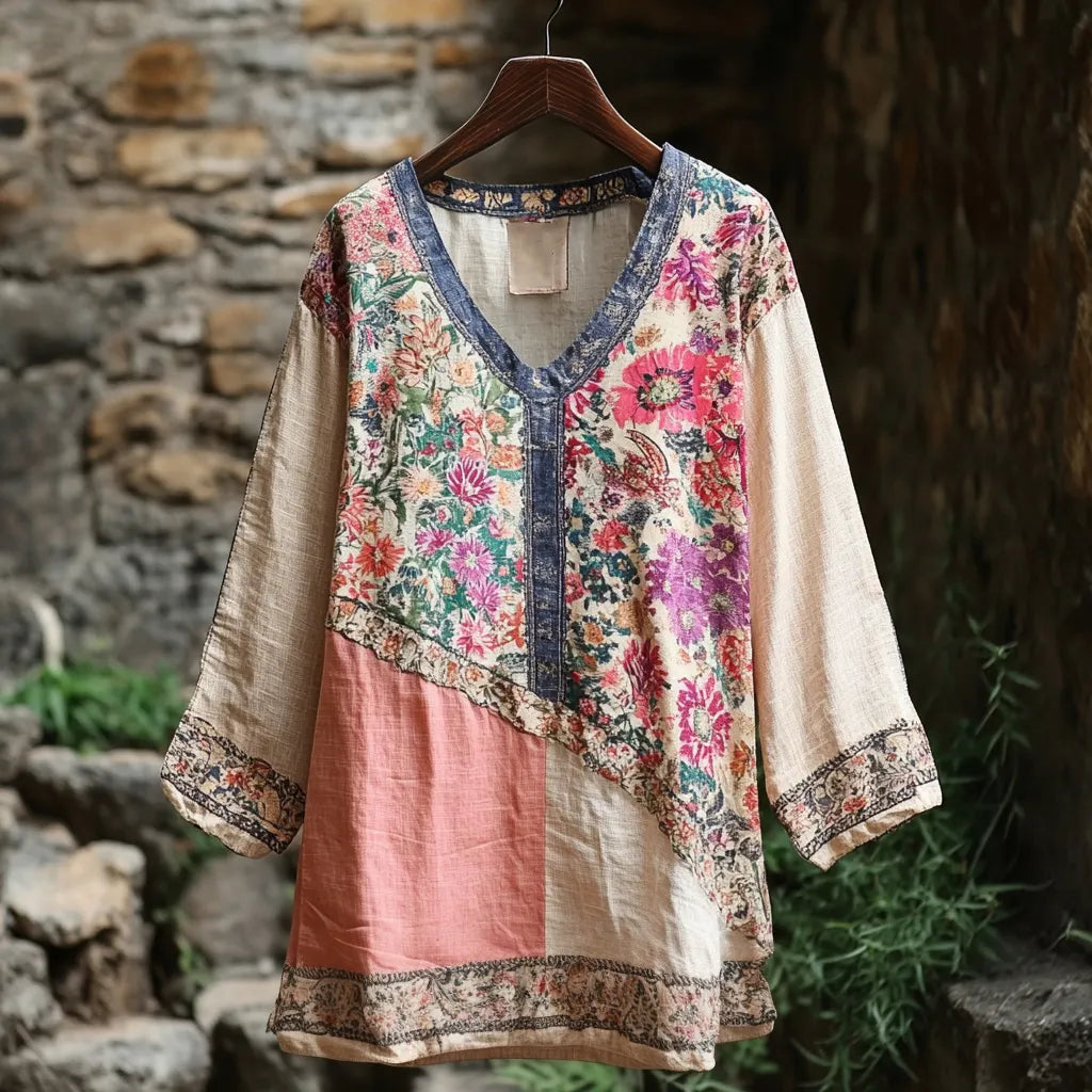Camisa Feminina Retrô Tribal Floral com Costura em Algodão e Linho de Manga Comprida cdbf