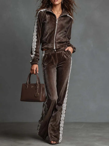 Vintage Vertical Striped Velvet Tracksuit Set Stand Collar Zip Crop Jacket Lace Side Wide Flare Pants Casual Two Piece Outfit