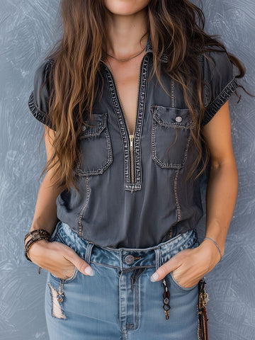 Camicetta Utility con cerniera frontale e tasche in denim lavato nero stile retrò
