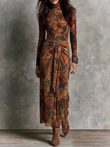 Vestido Maxi de Gola Alta com Cintura Amarrada Estampa Floral Leopardo Outono Vintage