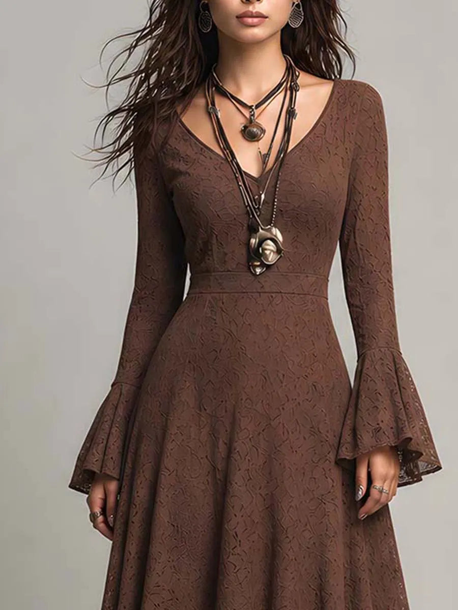 Retro Flare Cuffs Lace Fabric Midi Dress