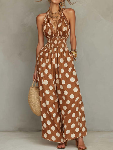 Bohemian Shirred-Waist Polka-Dot Jumpsuit