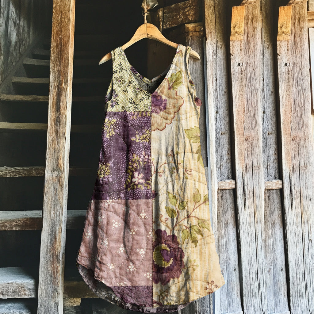 Vestido Regata de Linho Floral Roxo Vintage com Retalhos de Arte 19b2