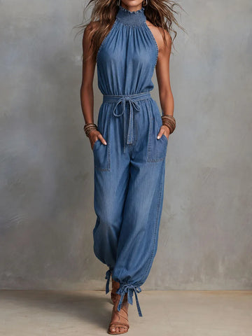 Combinaison pantalon bohème en jean à col licou et taille nouée