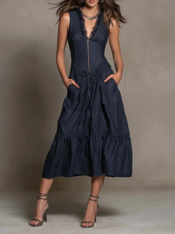 Vestido midi elegante sem mangas com babados, zíper frontal, amarração na cintura e bolsos em camadas