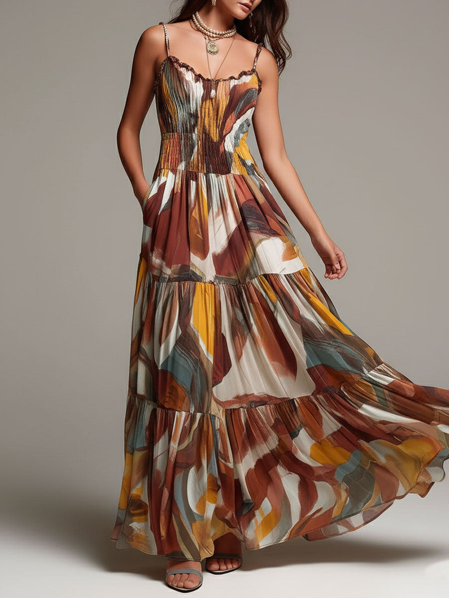 Vestido longo maxi boho abstrato multicolorido com corpete smocked