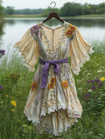 Vestido de verão com babados e renda em cor contrastante 72d1