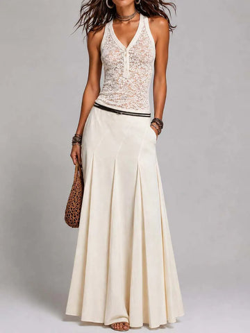 Set Due Pezzi Top Canotta con Pizzo e Gonna Lunga Plissettata Vintage