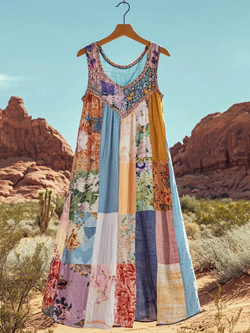 Vestido Regata Feminino de Linho com Estampa Floral Geométrica Retrô 9d8c