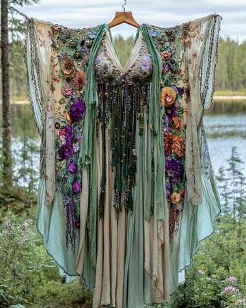 Conjunto Quimono + Vestido de Verão com Renda Franzida e Contraste de Cores fef9
