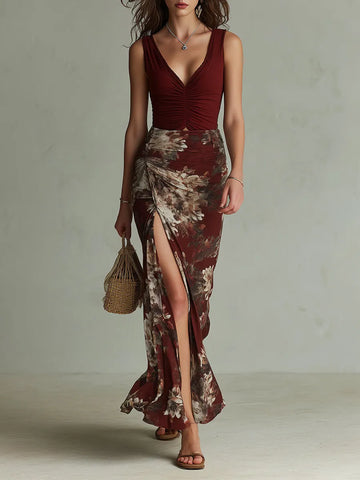 Retro Ruched Floral Print High-Slit Maxi Dress