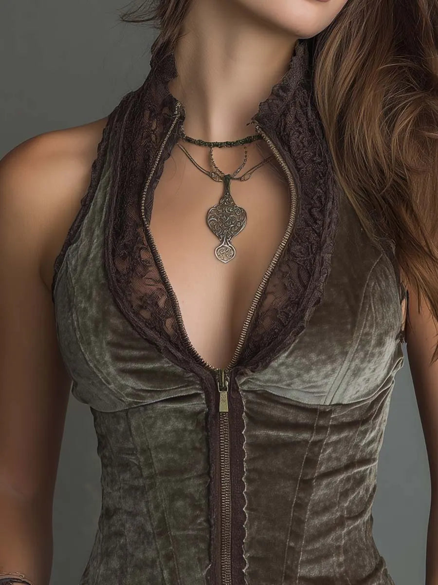 Caraco corset dos nu zippé devant en velours style bohème vintage avec bordure en dentelle