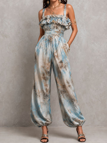 Macacão Boho Resort com Babados, Estampa Tie-Dye e Pernas Balão de Cintura Alta