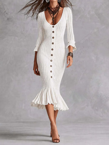 Vestido Midi Elegante com Gola V, Botões Frontais, Malha Canelada e Babados nos Punhos Estilo Sereia