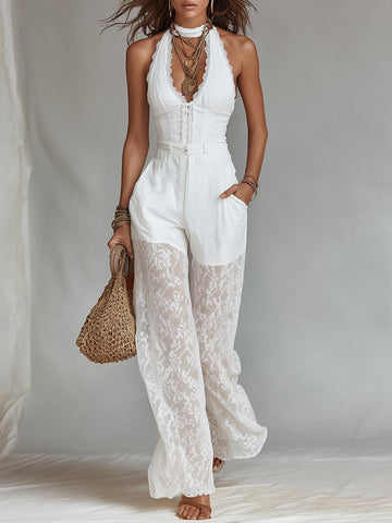 Conjunto de Camisola e Calças Pantalona com Painéis de Renda Estilo Boho