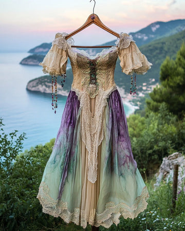 Vestido Contraste com Renda Babado Férias de Verão 406d