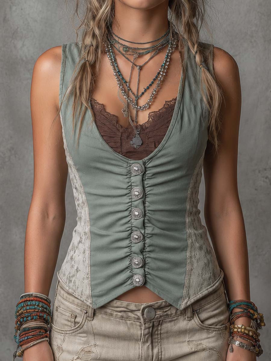 Gilet vintage à empiècements en dentelle