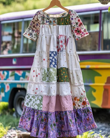 Vestido de verão solto de algodão e linho com patchwork 47fd