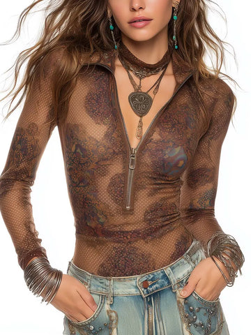 Top Transparente Ajustado com Estampa Floral Boho, Meio Zíper e Gola Alta Manga Longa