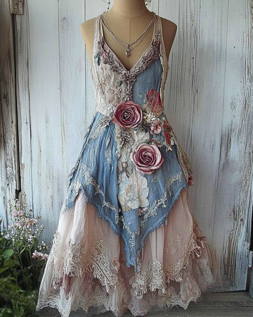 Vestido de Linho Confortável com Patchwork de Renda Bordada Floral de Verão 836a