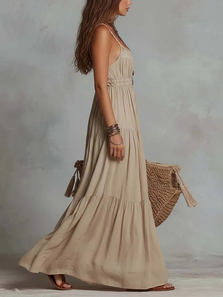 Robe longue rétro en coton et lin avec col en dentelle