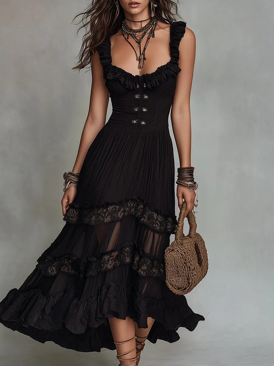Abito midi vintage in chiffon stropicciato a trapezio con bordo in pizzo