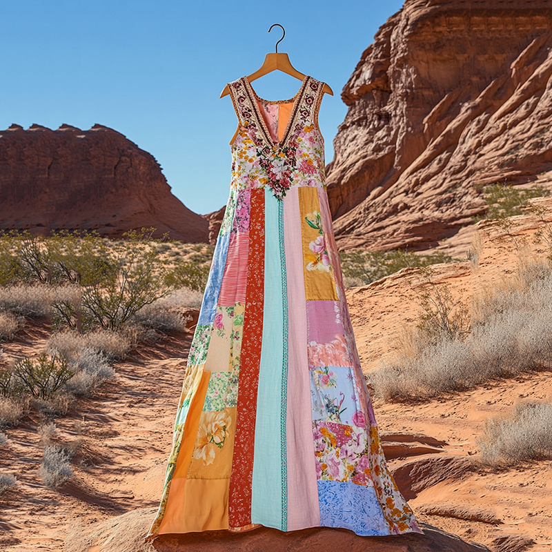 Vestido Midi Feminino Vintage com Estampa Floral em Patchwork e Decote V