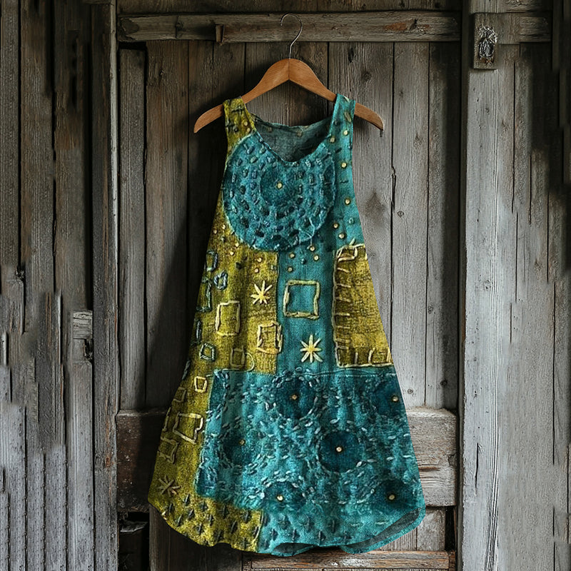 Vestido Regata de Linho com Mistura de Algodão Estampa Criativa Abstrata Patchwork a84c