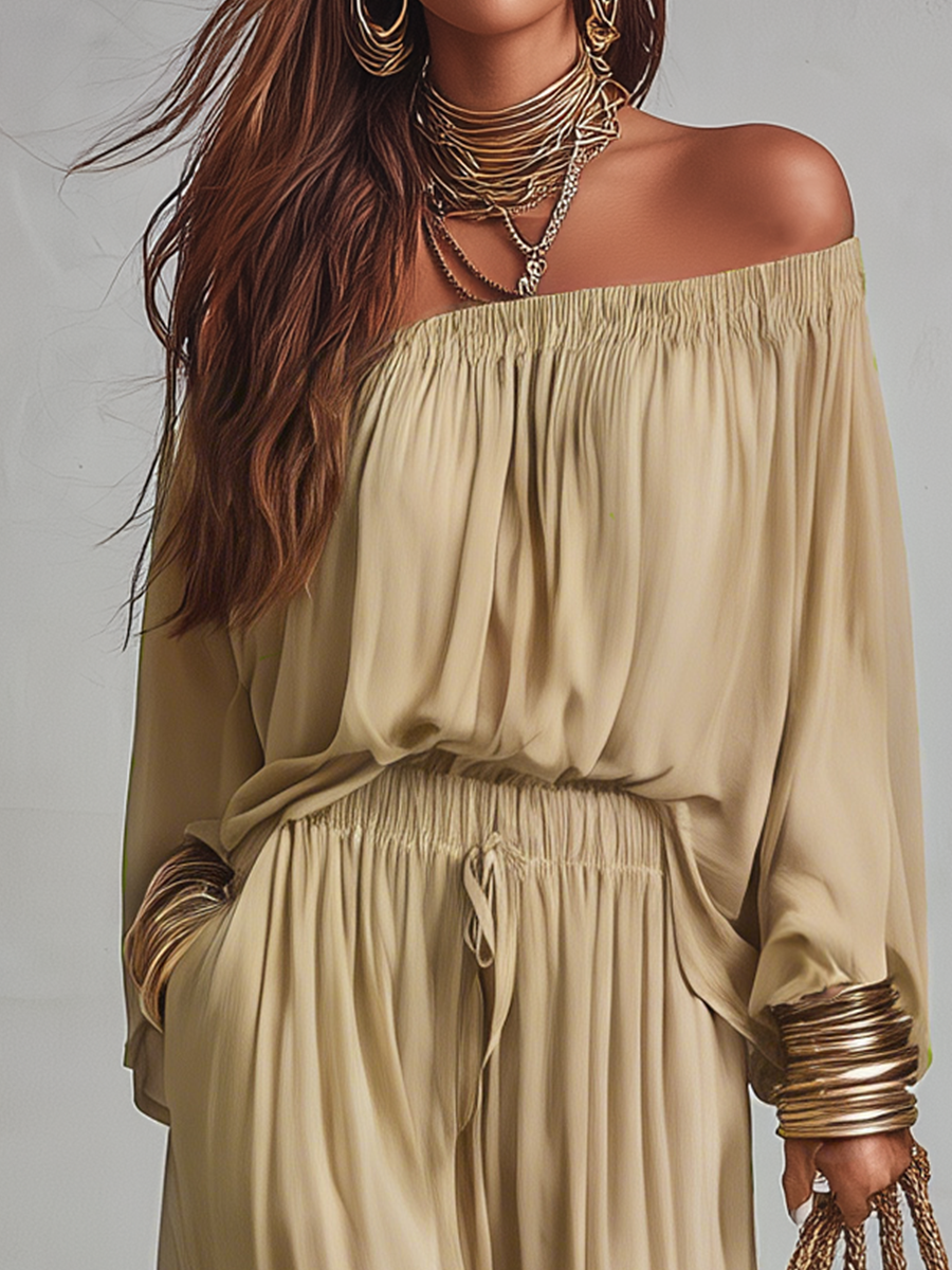 Ensemble Coordonné Harem Épaule Dénudée Drapé Beige Dune Sans Effort
