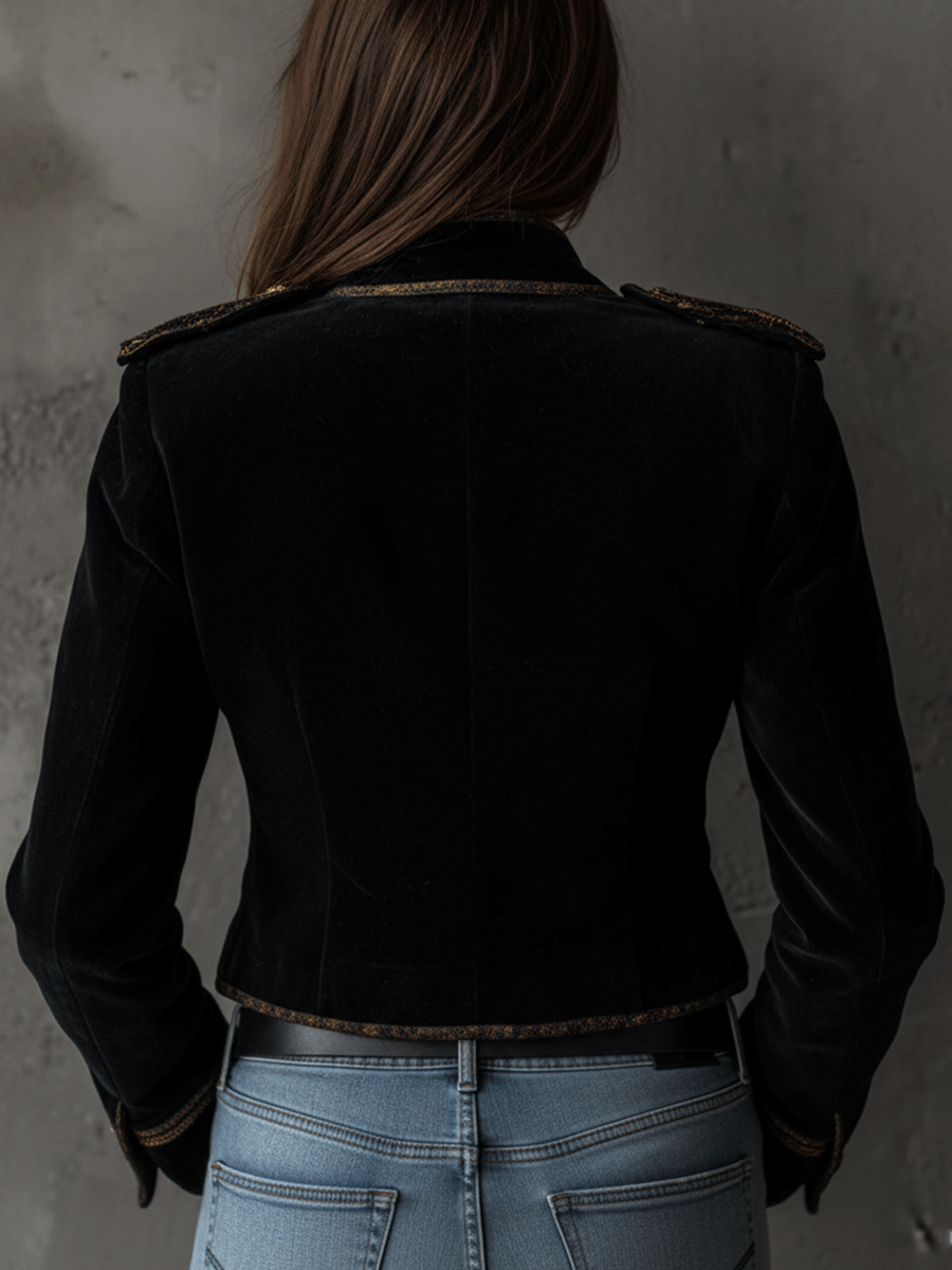Blazer Retrô em Veludo Preto com Botões Dourados Estilo Militar