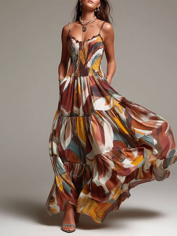 Vestido longo maxi boho abstrato multicolorido com corpete smocked