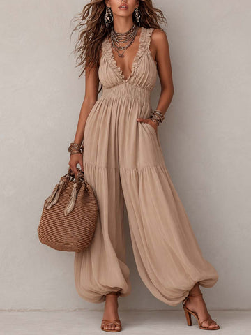 Retro Ruffle-Collar Smocked-Waist Jumpsuit